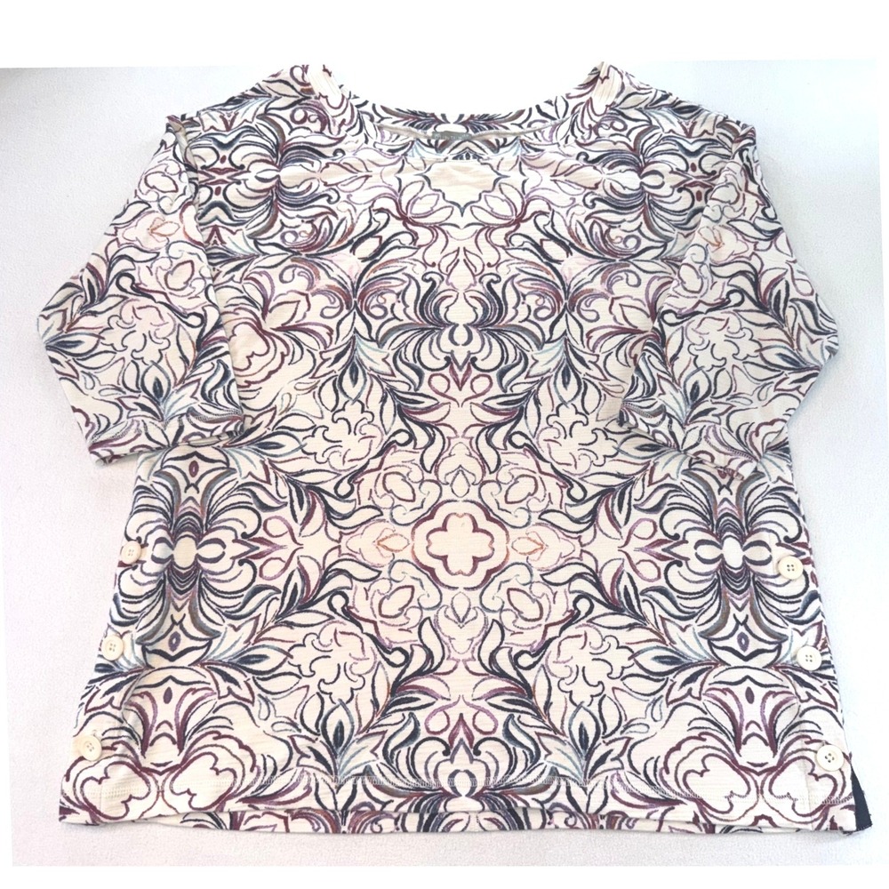 T by Talbots French Terry Top Medallion Print Button Hem Pullover Plus Size 1X